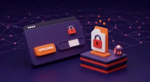 3D illustration of a secure file upload interface with padlocks and cloud storage elements, representing protection against file upload vulnerabilities on websites.