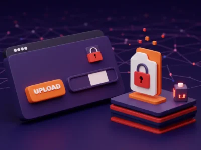 3D illustration of a secure file upload interface with padlocks and cloud storage elements, representing protection against file upload vulnerabilities on websites.