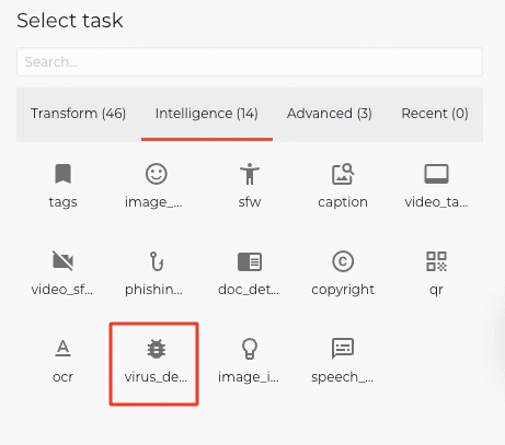 Select the virus detection task for the Filestack Workflow
