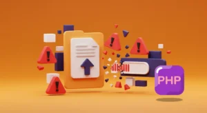 3D illustration showing file upload icons and warning signs, representing security risks and errors in a PHP file upload script.