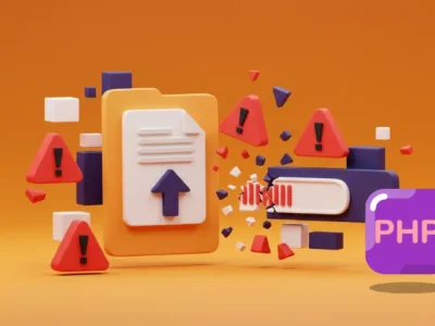 3D illustration showing file upload icons and warning signs, representing security risks and errors in a PHP file upload script.