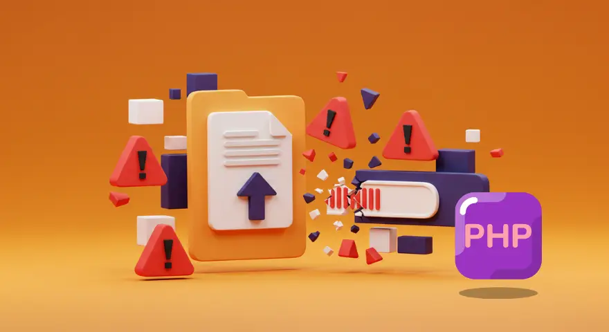 3D illustration showing file upload icons and warning signs, representing security risks and errors in a PHP file upload script.