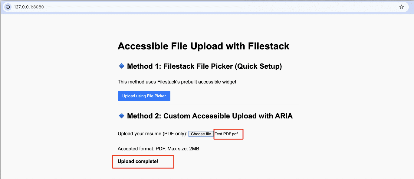 Method 2: After the file is uploaded, the status message updates to ‘Upload complete!’