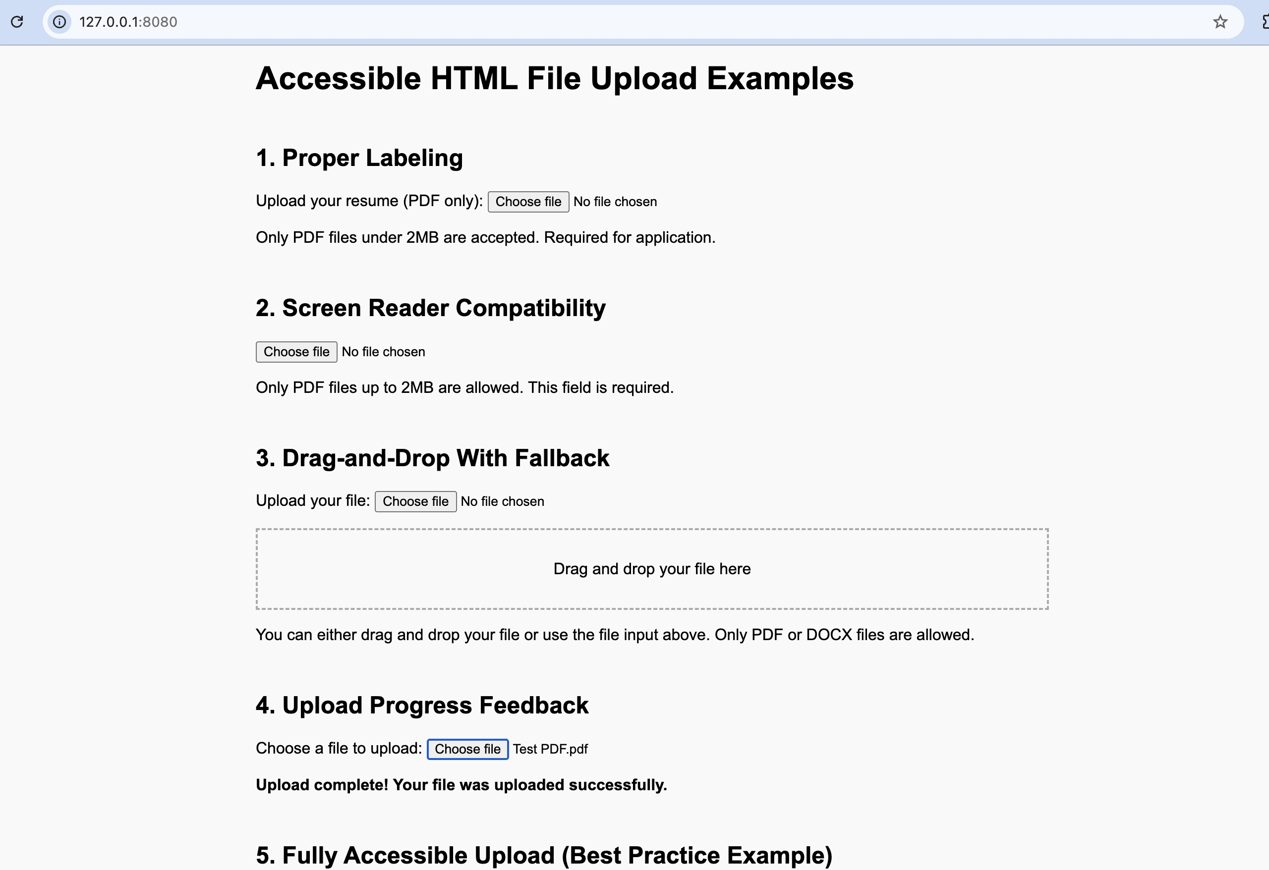 HTML file upload example with the accessibility best practices