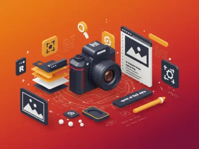 3D illustration of a digital camera surrounded by image editing icons like crop, rotate, and layers on a red-orange gradient background, representing JavaScript image editing APIs.