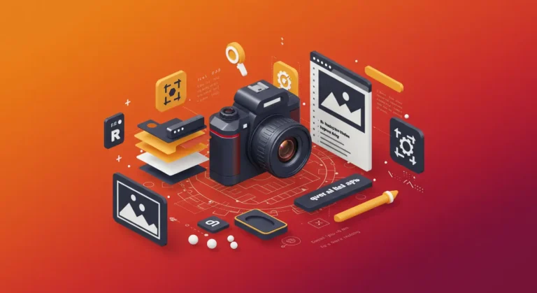 3D illustration of a digital camera surrounded by image editing icons like crop, rotate, and layers on a red-orange gradient background, representing JavaScript image editing APIs.