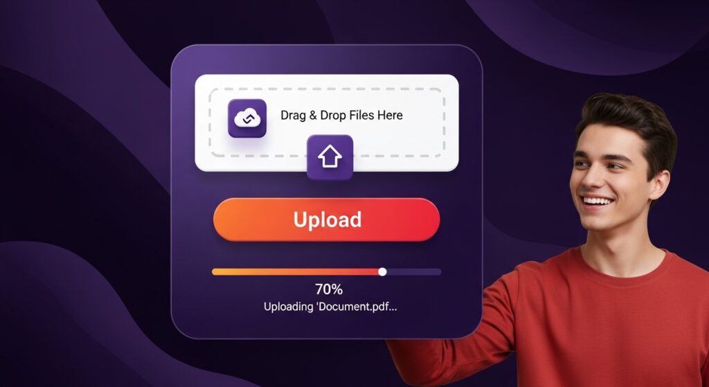 Smiling user interacting with a modern file upload UI featuring drag-and-drop, upload progress bar, and a simple file selection button for non-technical users.