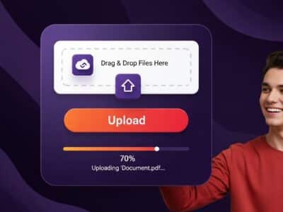 Smiling user interacting with a modern file upload UI featuring drag-and-drop, upload progress bar, and a simple file selection button for non-technical users.