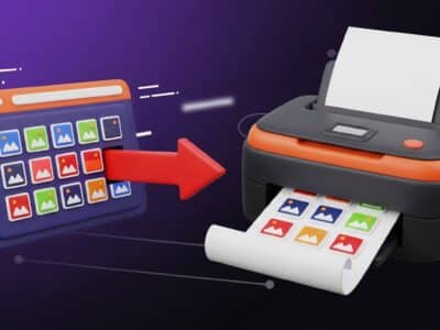 Illustration showing image files transferred from a web interface to a printer, symbolizing how to optimize images for web and fast print delivery