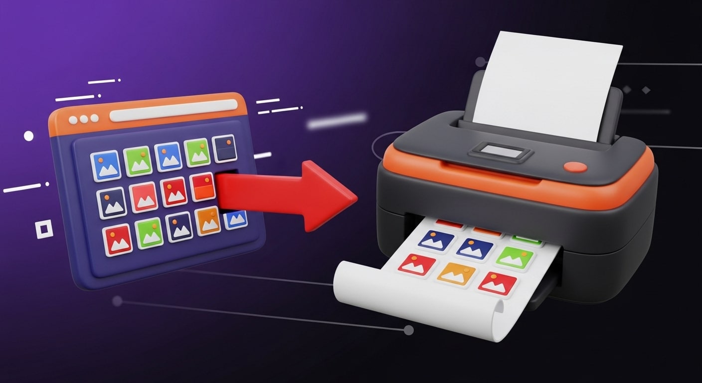 Illustration showing image files transferred from a web interface to a printer, symbolizing how to optimize images for web and fast print delivery