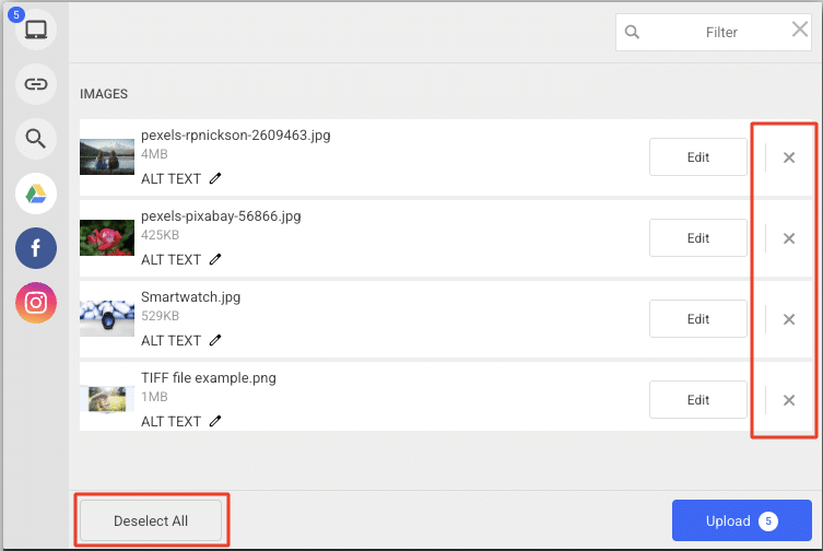 Option to remove and edit the selected files to upload