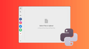 Screenshot showing a Filestack-powered file upload interface with drag-and-drop options and Python logo overlay, demonstrating Python file handling for selecting and uploading files.