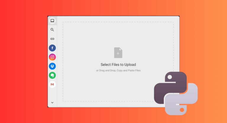 Screenshot showing a Filestack-powered file upload interface with drag-and-drop options and Python logo overlay, demonstrating Python file handling for selecting and uploading files.