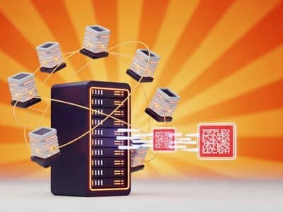 3D illustration of a central server distributing data to multiple nodes, representing CDN delivery and cloud file storage for startup scalability
