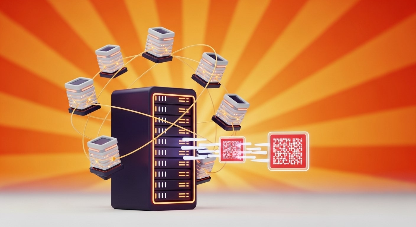 3D illustration of a central server distributing data to multiple nodes, representing CDN delivery and cloud file storage for startup scalability