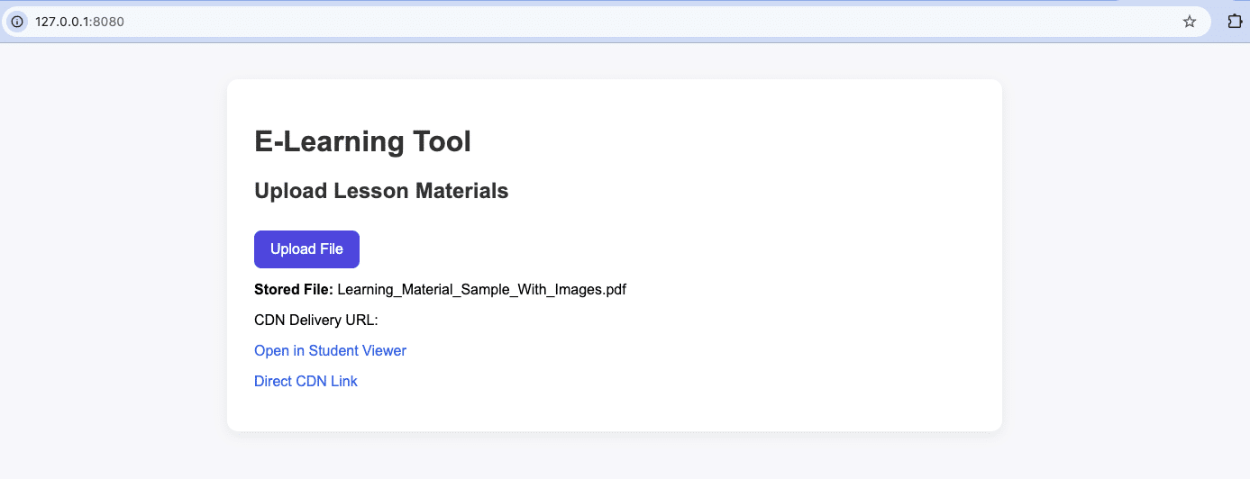 E-learning upload tool showing Filestack file storage and instant CDN delivery for lesson materials