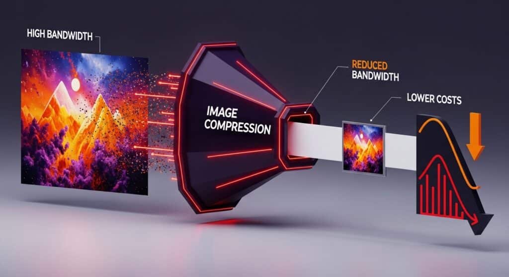 3D illustration showing a large colorful image entering a funnel labeled “Image Compression” and emerging smaller, symbolizing reduced bandwidth and lower costs.