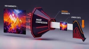 3D illustration showing a large colorful image entering a funnel labeled “Image Compression” and emerging smaller, symbolizing reduced bandwidth and lower costs.