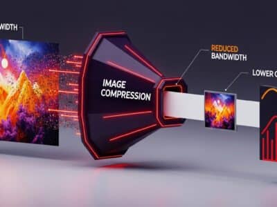 3D illustration showing a large colorful image entering a funnel labeled “Image Compression” and emerging smaller, symbolizing reduced bandwidth and lower costs.
