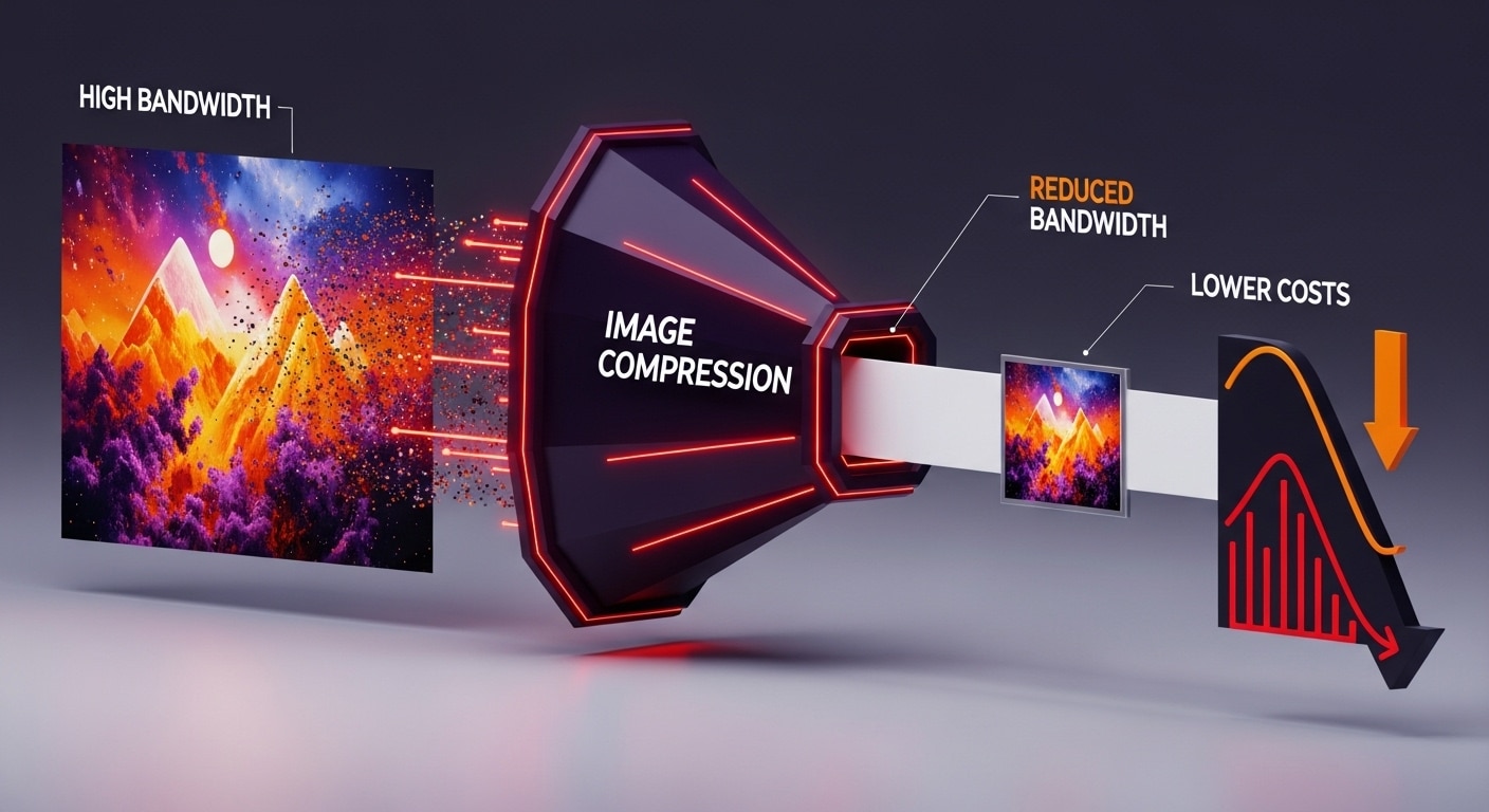 3D illustration showing a large colorful image entering a funnel labeled “Image Compression” and emerging smaller, symbolizing reduced bandwidth and lower costs.