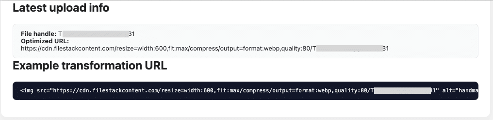 Latest upload information and example transformation URL displayed on the webpage