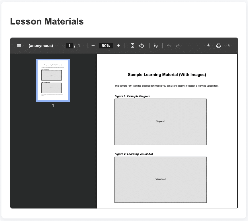 Lesson viewer displaying PDF lesson materials delivered instantly via Filestack CDN