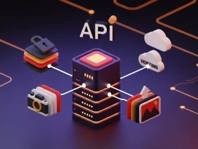3D illustration of a secure image hosting API showing a central server connected to storage, security layers, and image processing tools, representing secure image hosting for early-stage products.