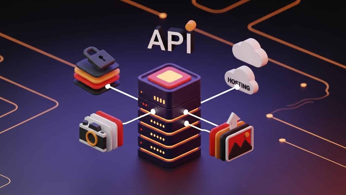 3D illustration of a secure image hosting API showing a central server connected to storage, security layers, and image processing tools, representing secure image hosting for early-stage products.