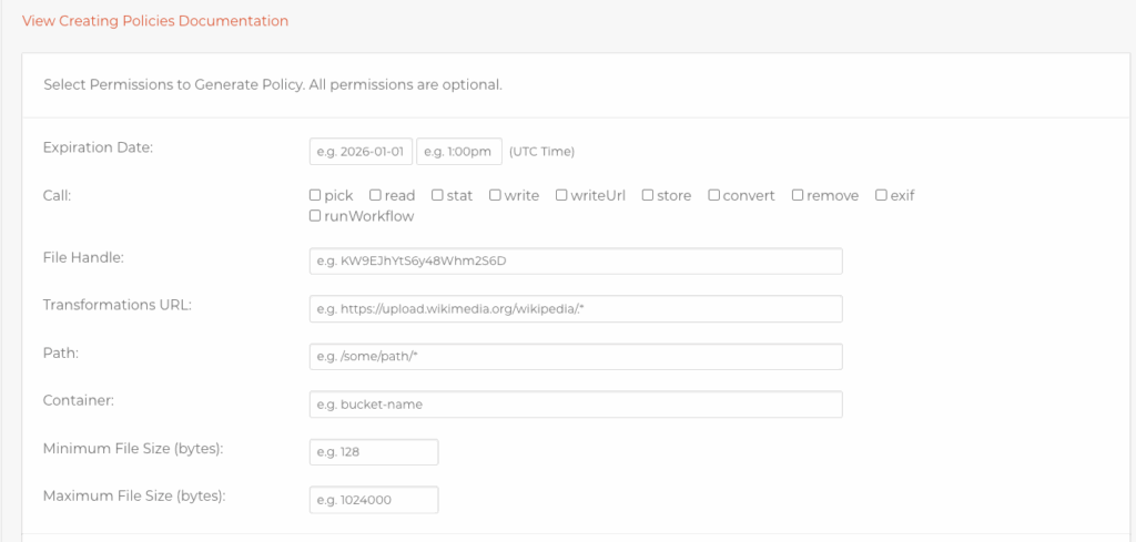 Select Permissions to Generate Policy in Filestack