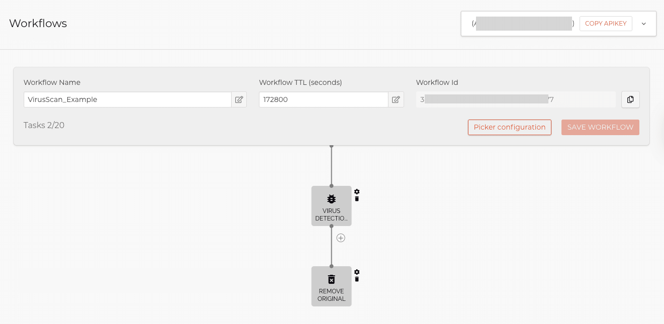Creating a workflow with virus detection tasks in the Filestack dashboard