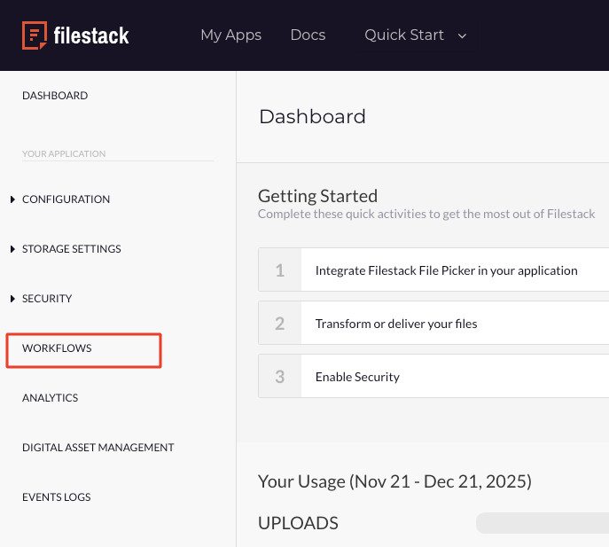 Select Workflows in Filestack dashboard