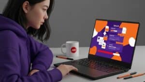 A student using a laptop with an LMS interface showing a multiple-file upload workflow.