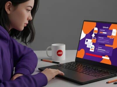 A student using a laptop with an LMS interface showing a multiple-file upload workflow.