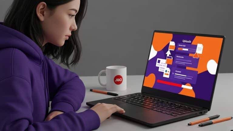 A student using a laptop with an LMS interface showing a multiple-file upload workflow.