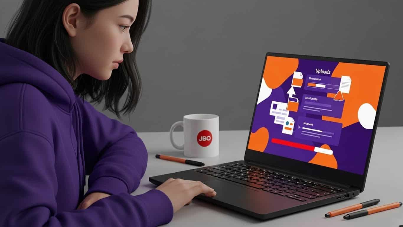 A student using a laptop with an LMS interface showing a multiple-file upload workflow.