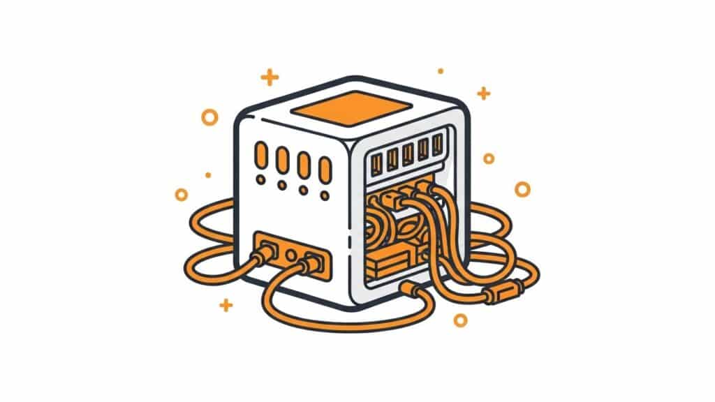 Illustration of a friendly server box with thick dark outlines and rounded corners, tangled orange cables and ports emerging from it, representing the growing complexity and engineering time required to maintain a file upload system.
