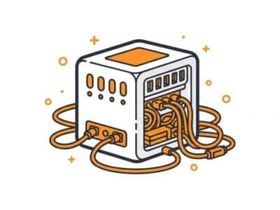 Illustration of a friendly server box with thick dark outlines and rounded corners, tangled orange cables and ports emerging from it, representing the growing complexity and engineering time required to maintain a file upload system.