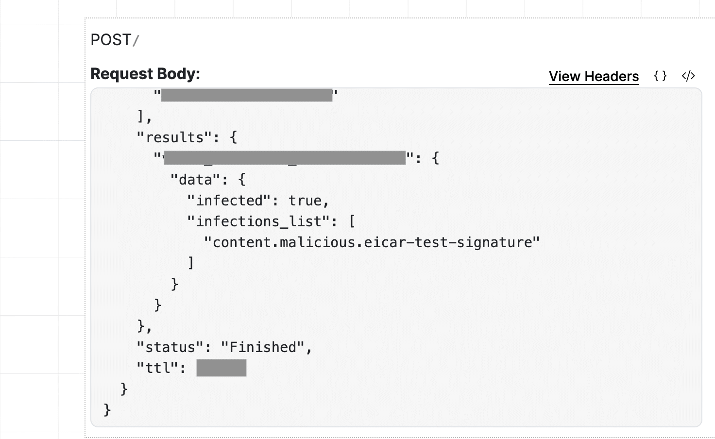 Virus scan result showing an infected file detected using the EICAR test file