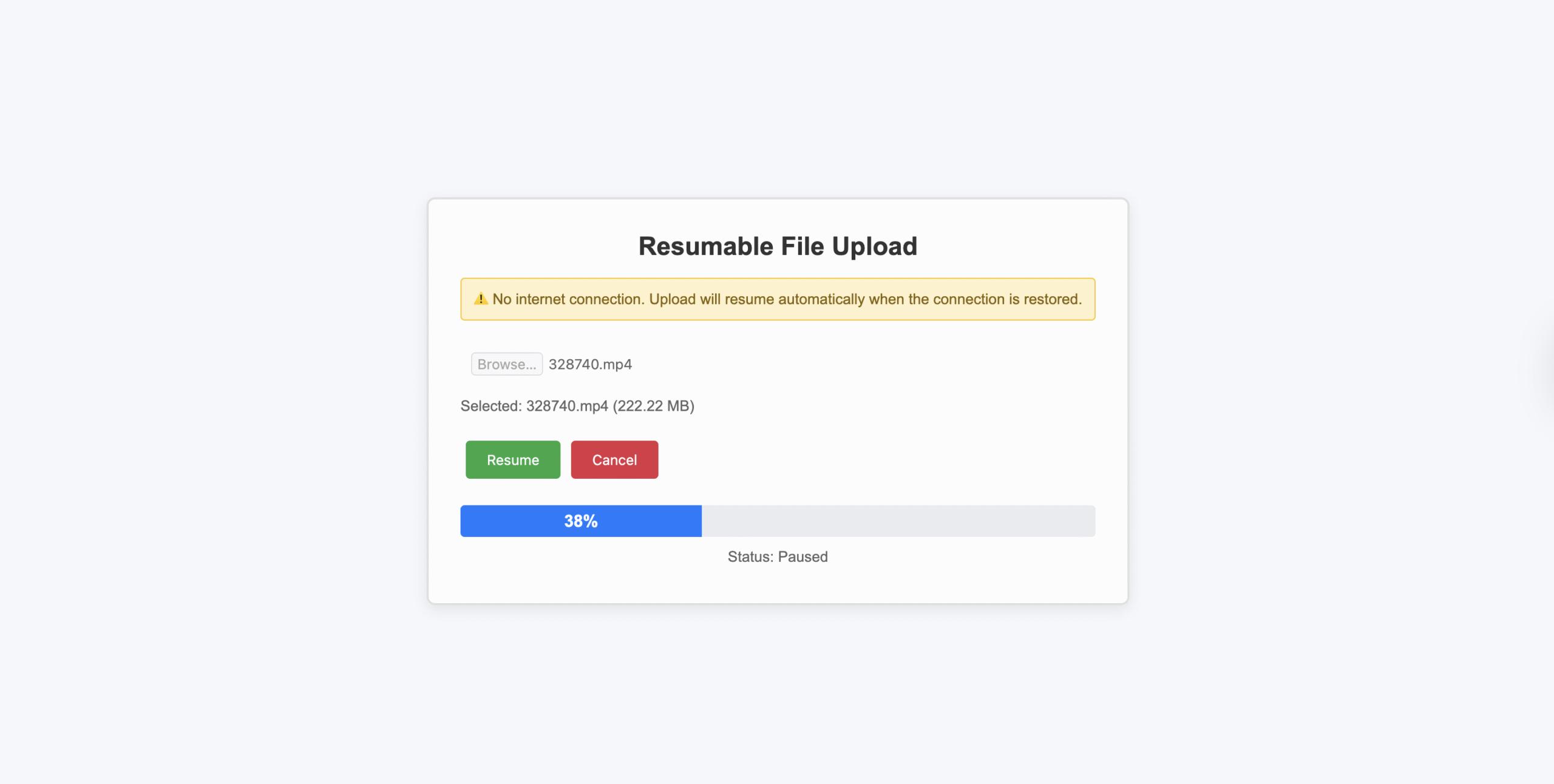 Large file upload automatically paused after network disconnection in React Filestack uploader