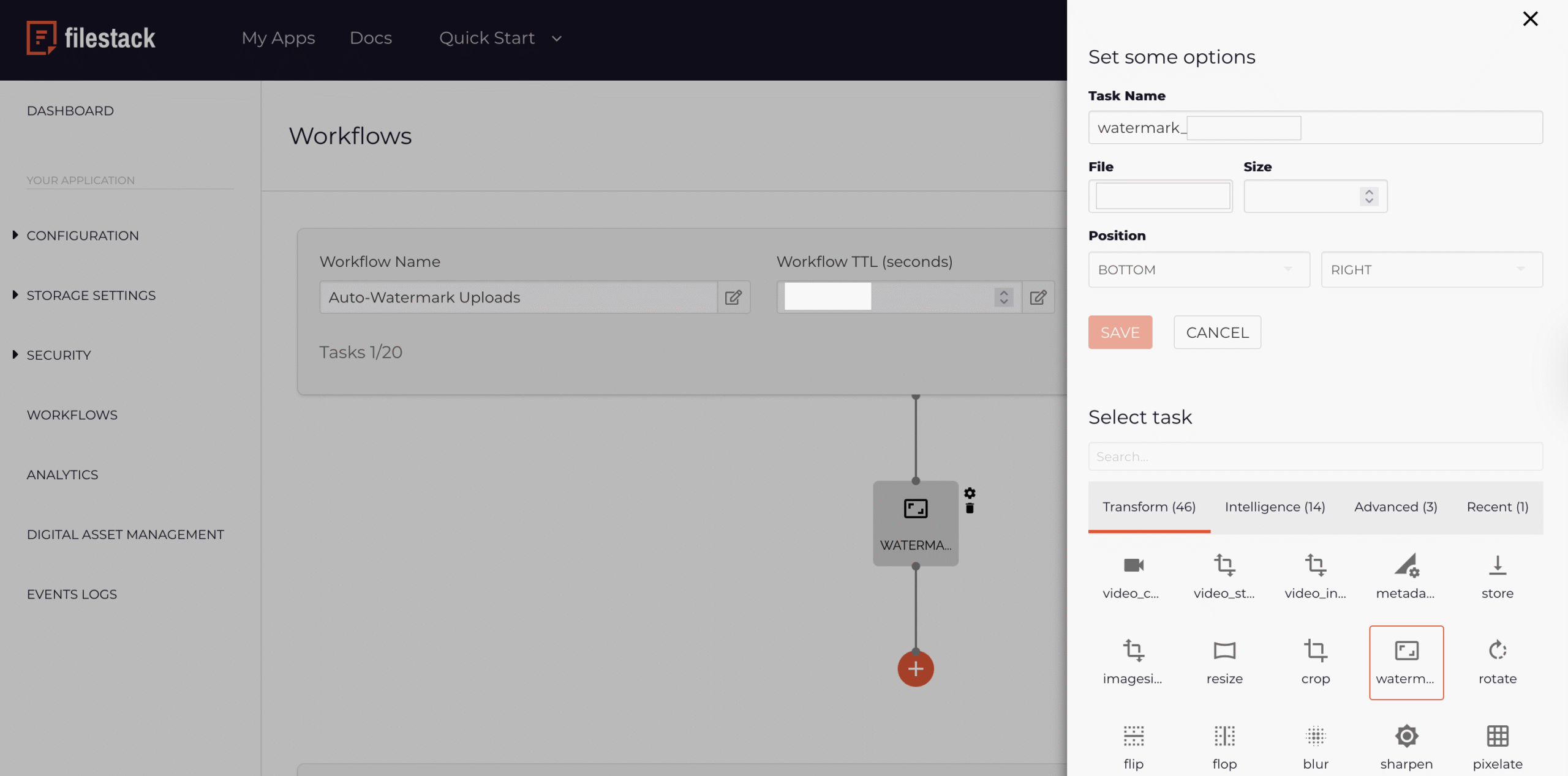 Filestack Workflows dashboard showing Watermark task configuration with watermark file handle and positioning settings