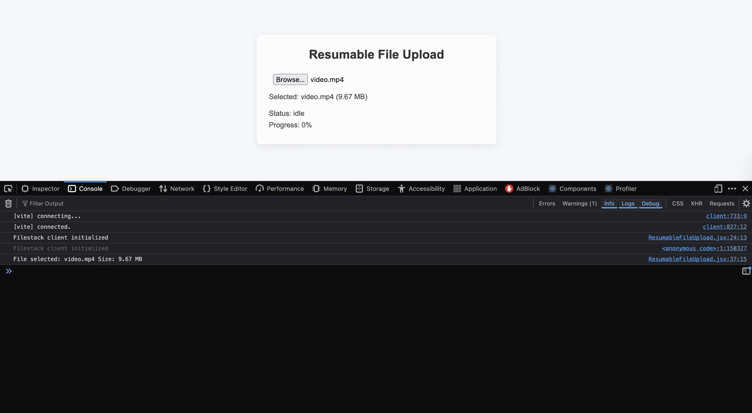 React file upload component showing file selection input and selected file details before upload