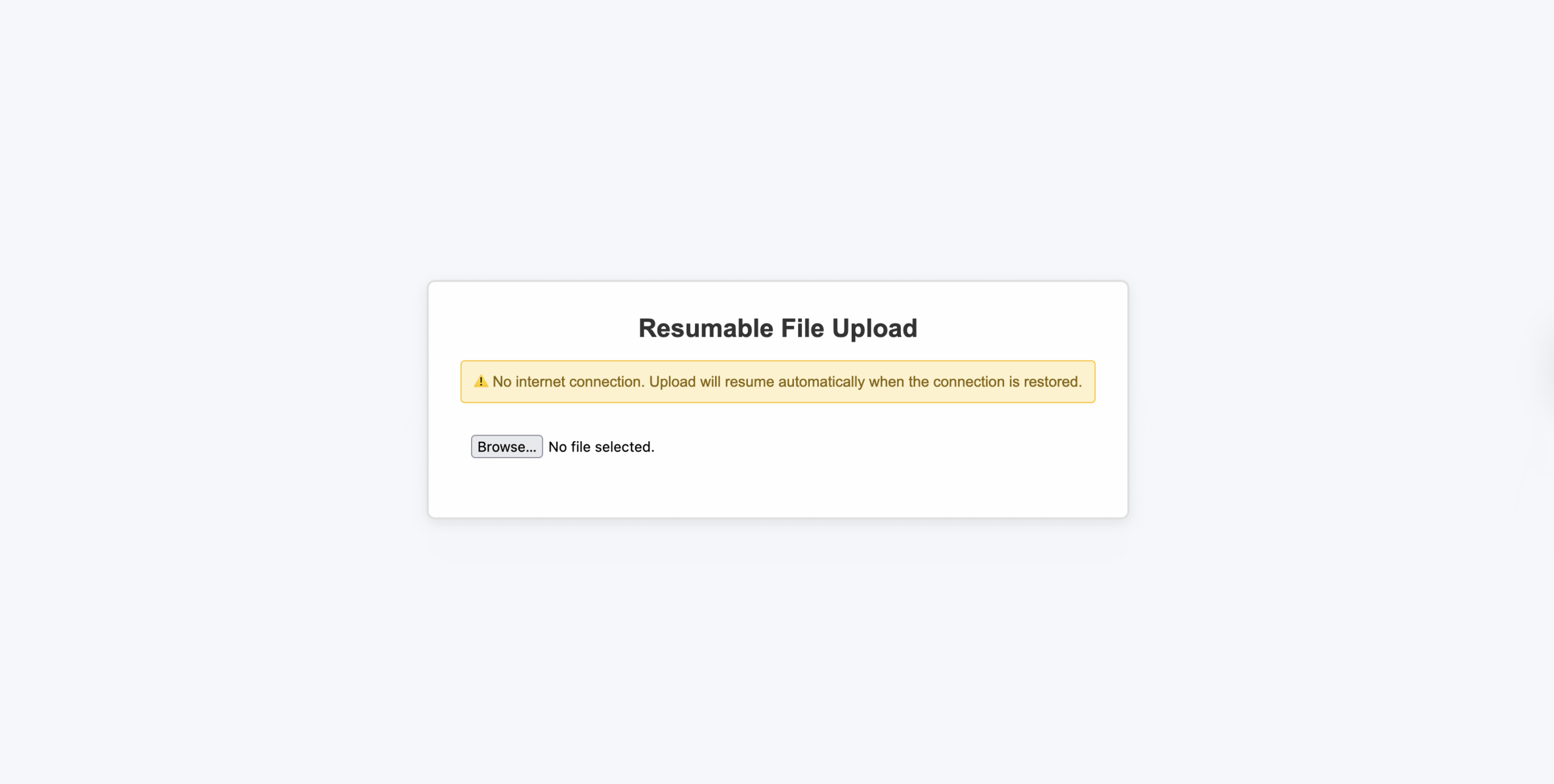 React upload interface showing offline network warning during large file upload