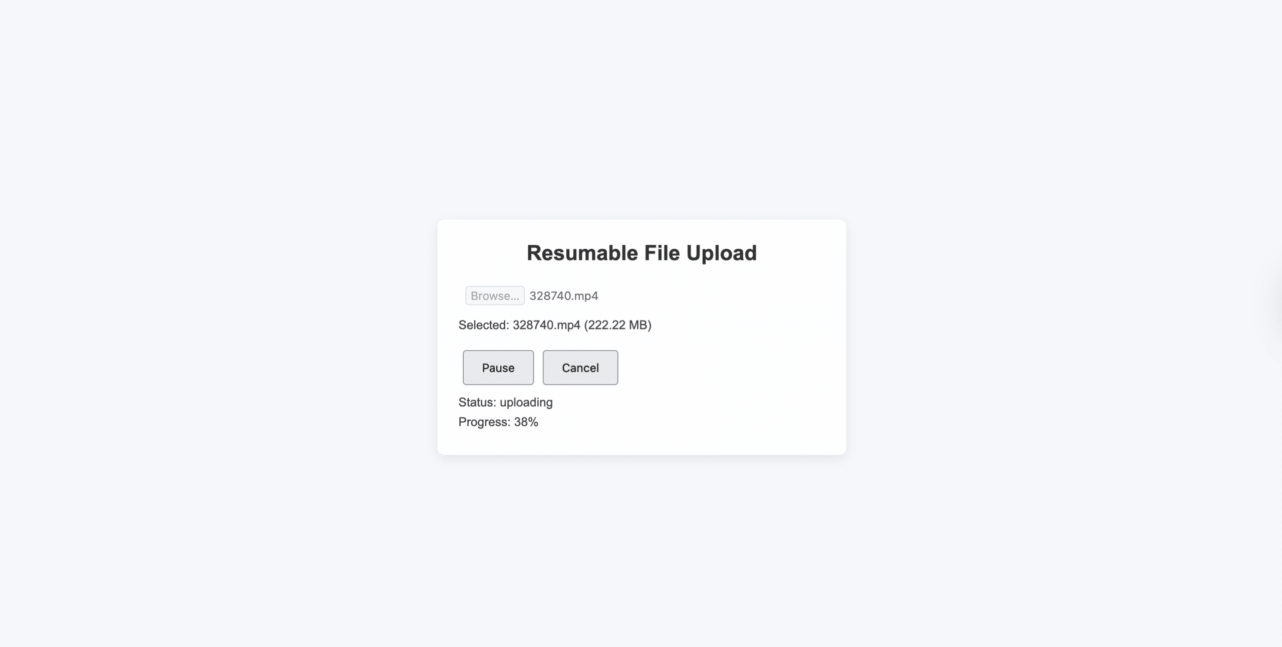 Resuming large file upload in React with Filestack showing continued progress from paused state