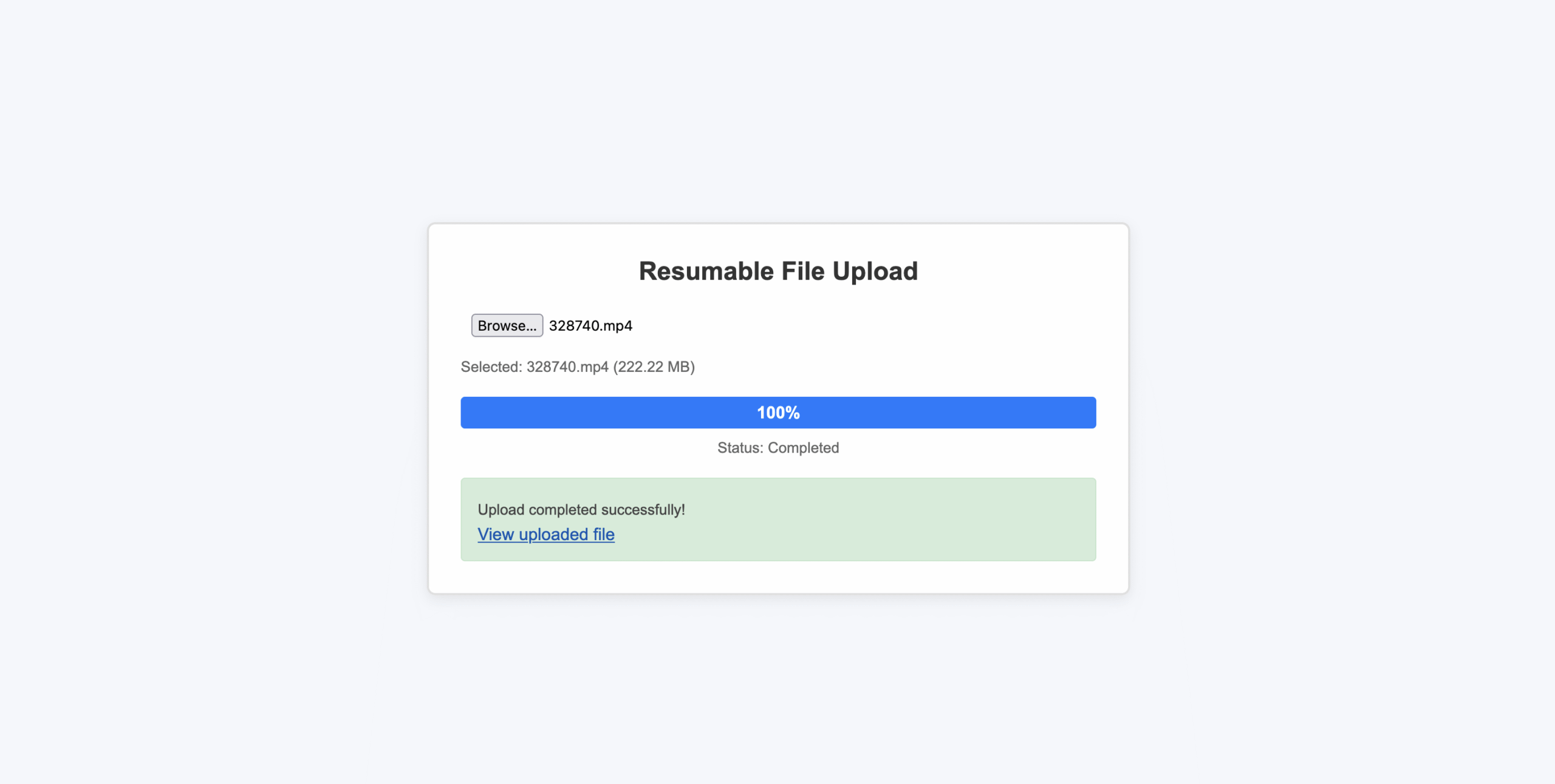 Successful large file upload completion message and file preview link in React Filestack uploader