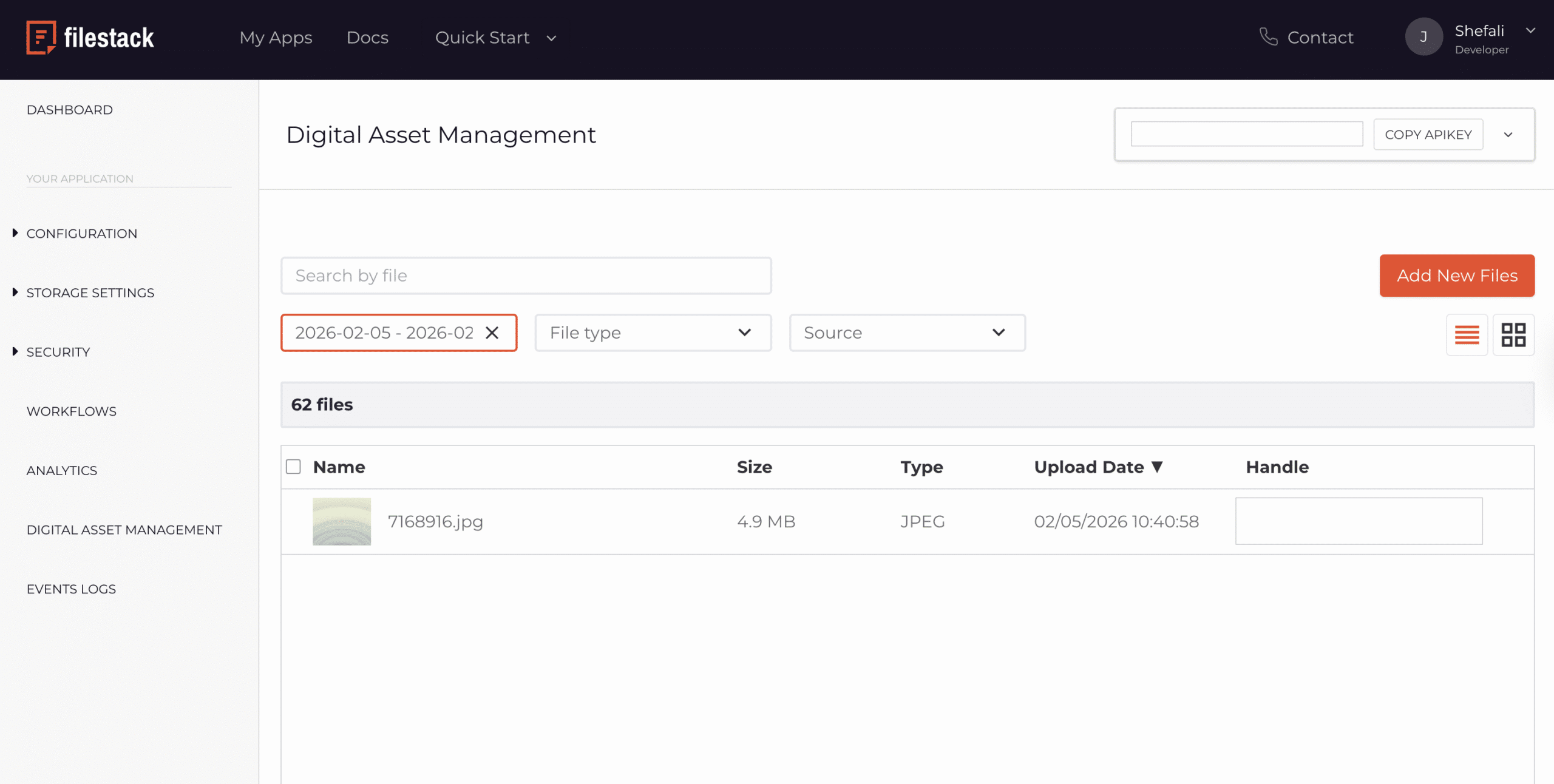 Filestack dashboard screen showing how to upload a watermark image asset for automated watermarking workflow setup