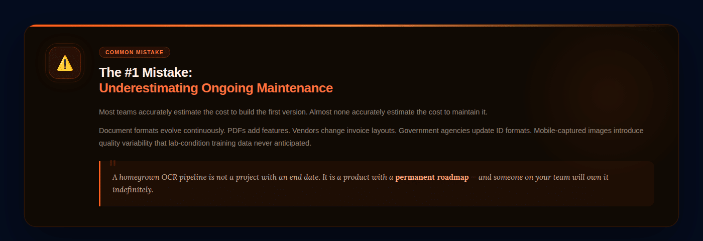 Illustration highlighting the hidden risks and engineering effort involved in building an in-house intelligent document processing system