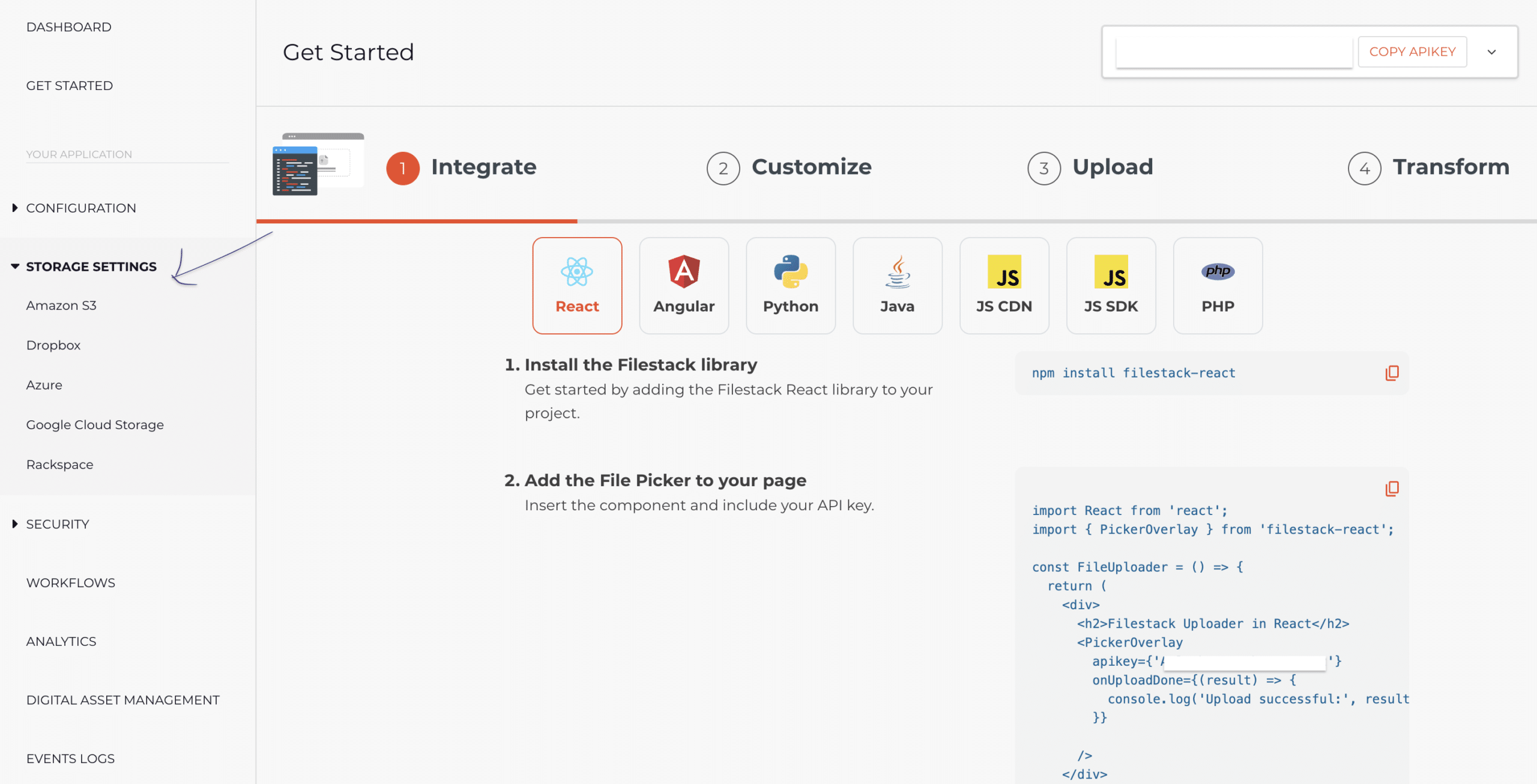 Filestack dashboard for changing storage destination
