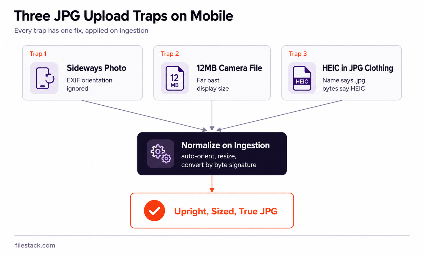 Diagram showing three traps when you upload a JPG file on mobile with orientation, size, format.