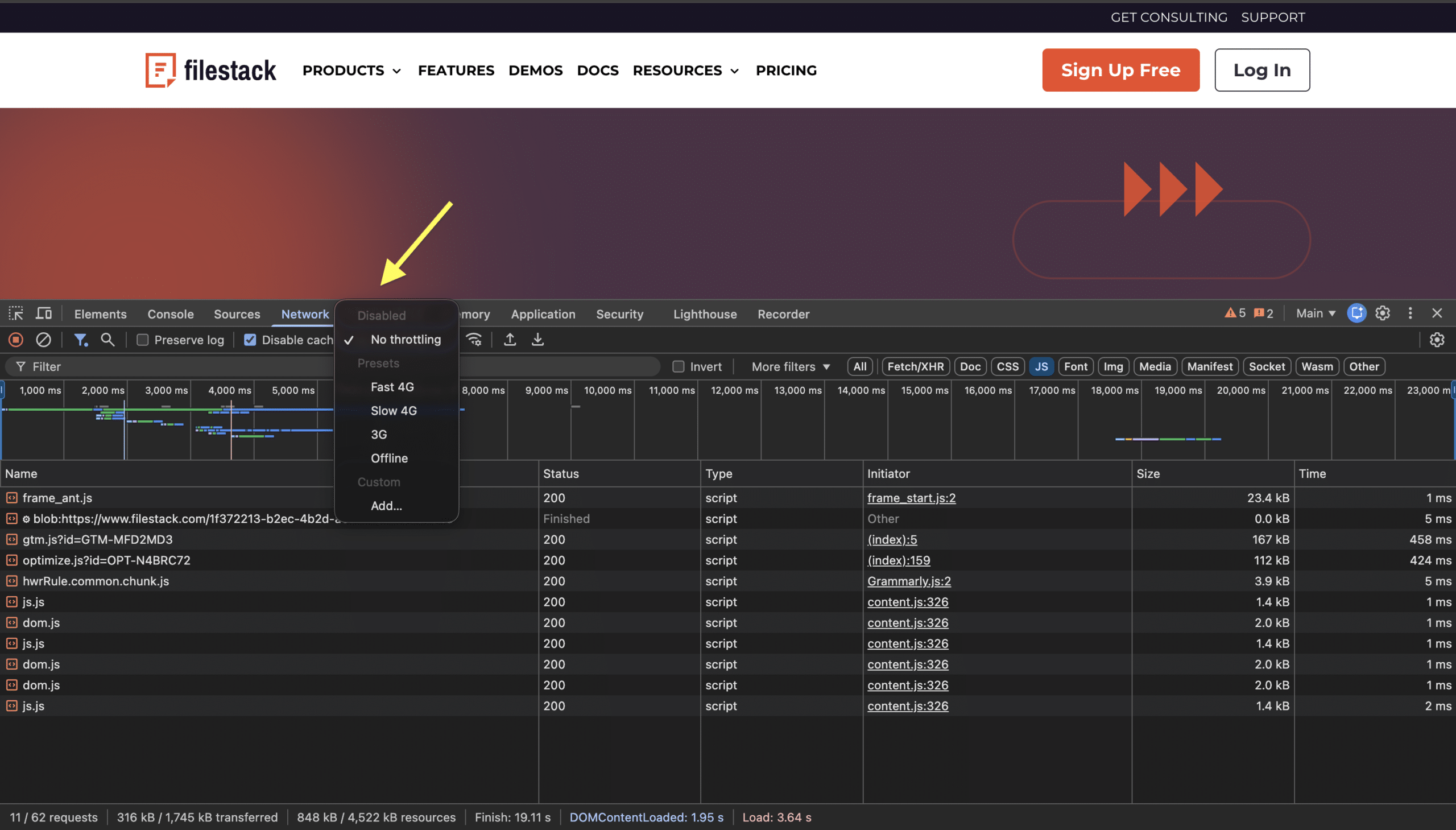 Diagram showing network tab for throttling in Chrome dev tools