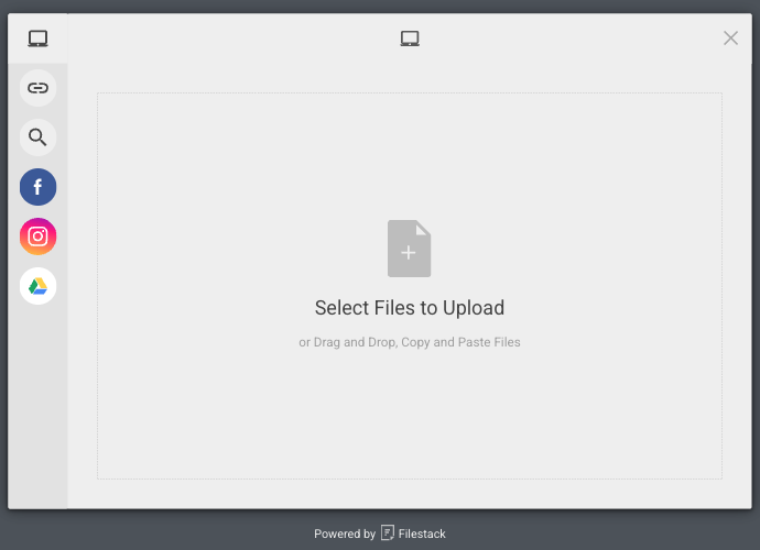 The Filestack picker open over a plain HTML page showing the drop zone and source icons
